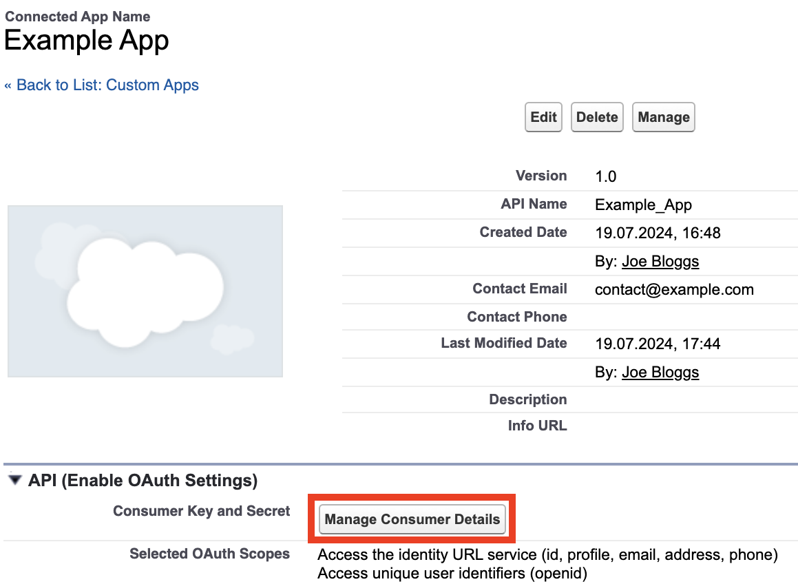 Screenshot of Salesforce Connected App indicating button to retrieve client ID and secret (Jul 2024)